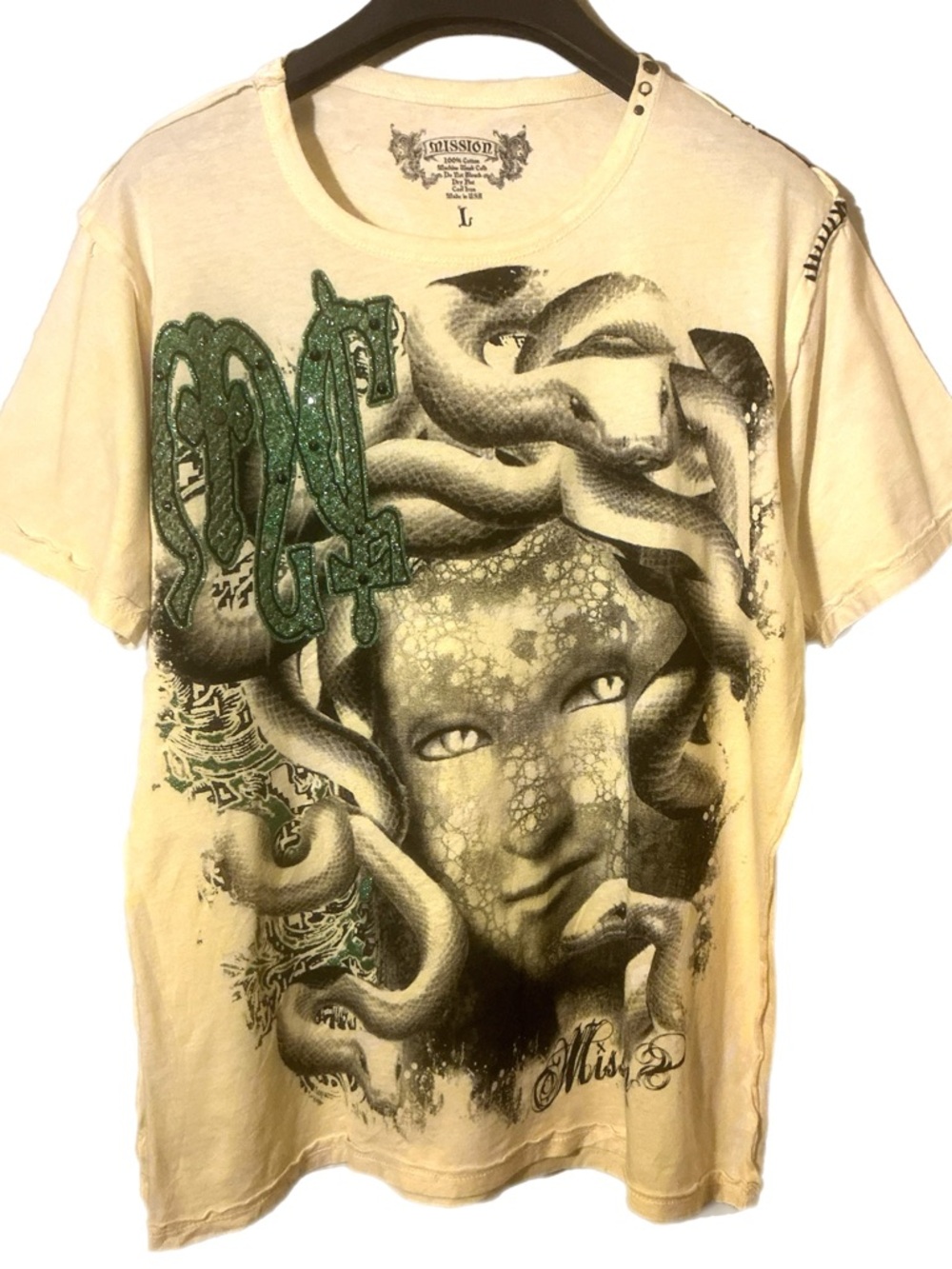 Mission Medusa Graphic Tee in Yellow & Green USA Glitter Snake Gothic Y2K L